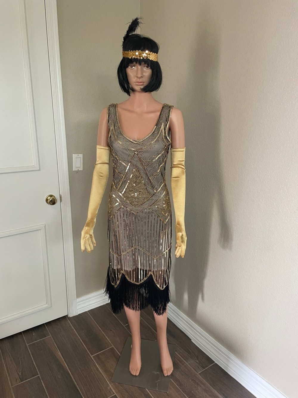 Gold Beaded Art Deco Flapper Dress with Black Fringe medium